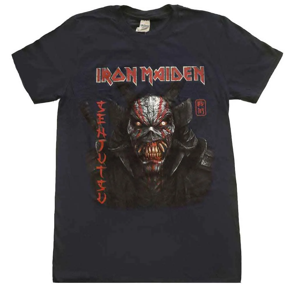 Iron Maiden Unisex T-Shirt: Senjutsu Back Cover Vertical Logo (Navy Blue) sold by Paradiso Clothing
