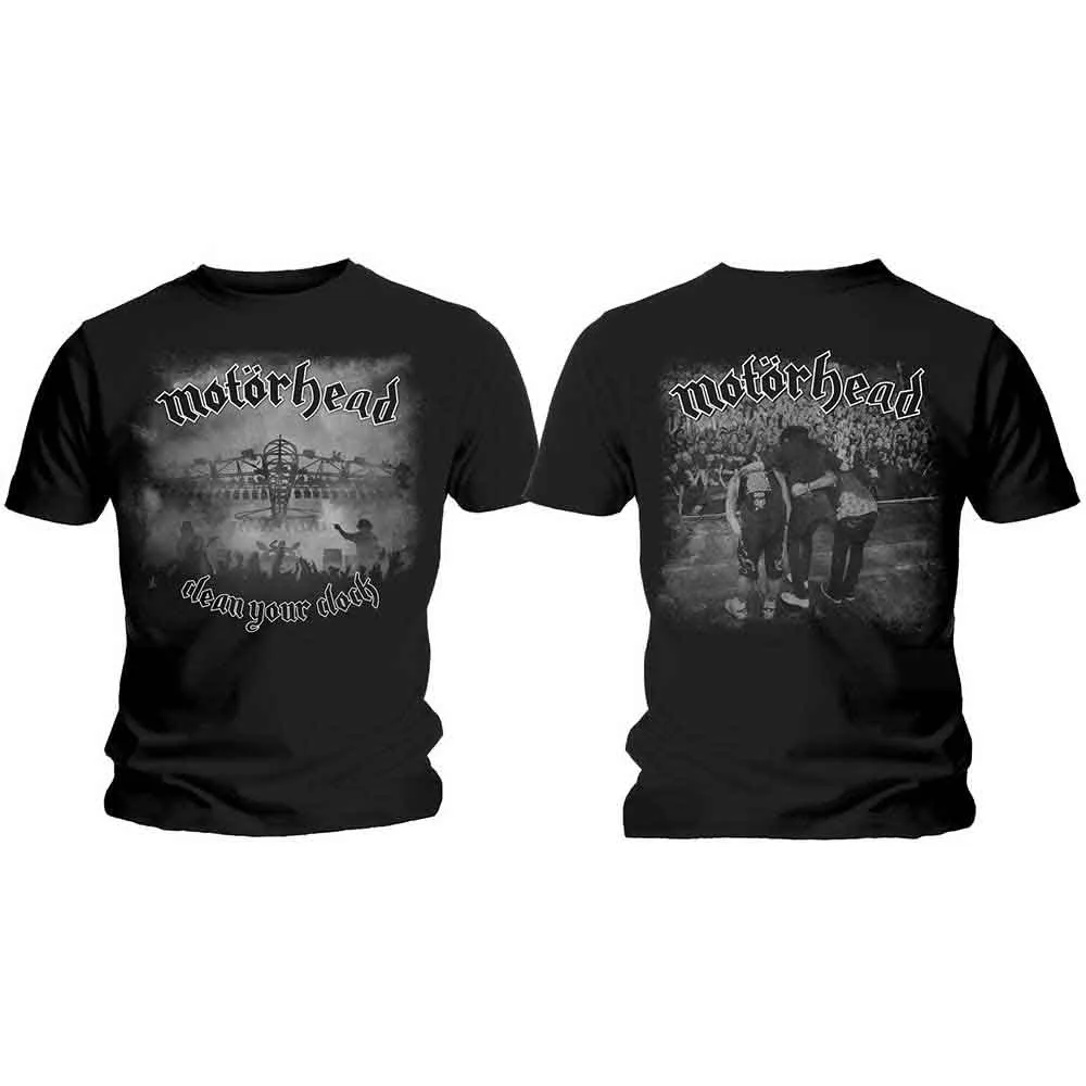 Motorhead Unisex T-Shirt: Clean Your Clock B&W (Black) (Back Print) sold by Paradiso Clothing