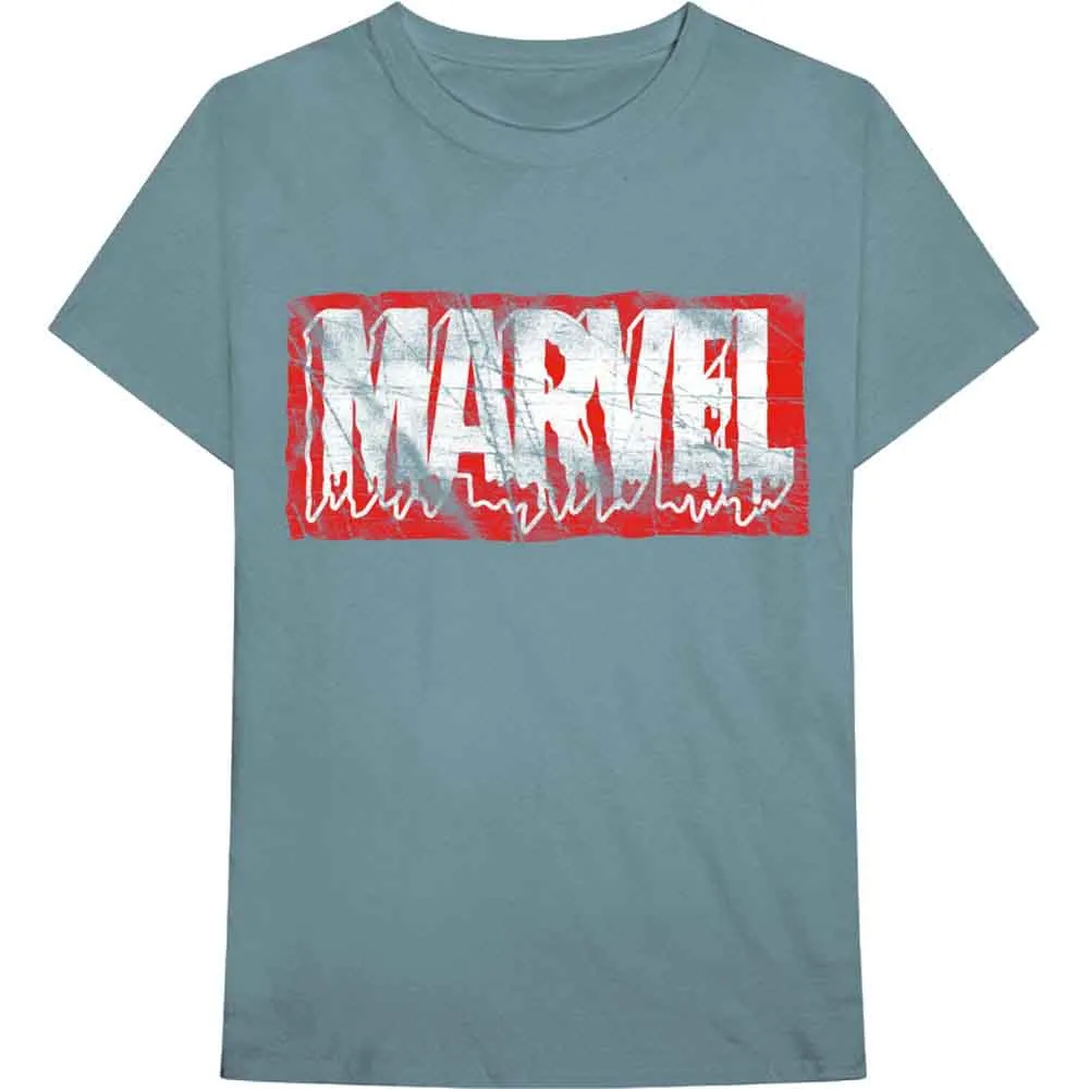 Marvel Comics Unisex T-Shirt: Distressed Dripping Logo (Light Blue) sold by Paradiso Clothing