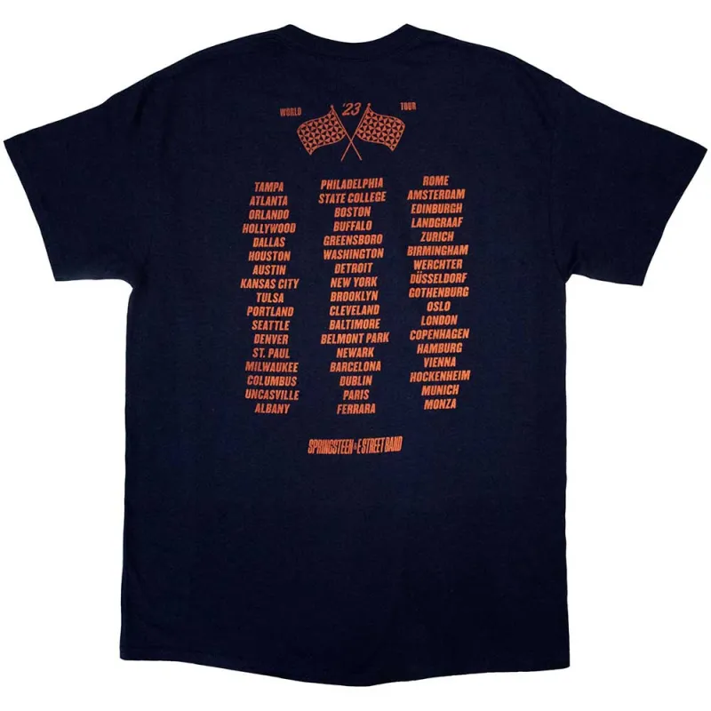 Bruce Springsteen Unisex T-Shirt: Tour '23 Guitar (Navy Blue) (Back Print & Ex-Tour) made by Paradiso Clothing