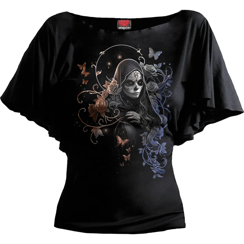 Spiral - GOTHIC GRACE - Boat Neck Bat Sleeve Top Black made by Paradiso Clothing
