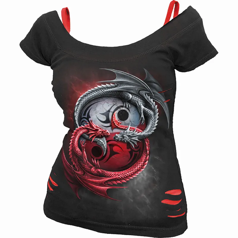 Spiral - INFINITY DRAGONS - 2in1 Red Ripped Top Black made by Paradiso Clothing