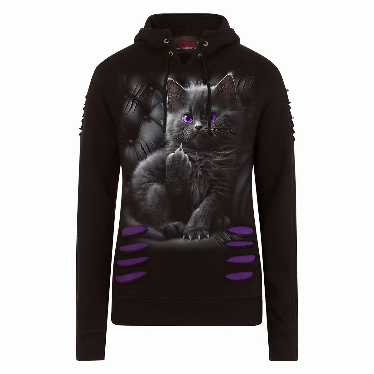 Spiral - CATTITUDE - Large Hood Ripped Hoody Purple-Black sold by Paradiso Clothing