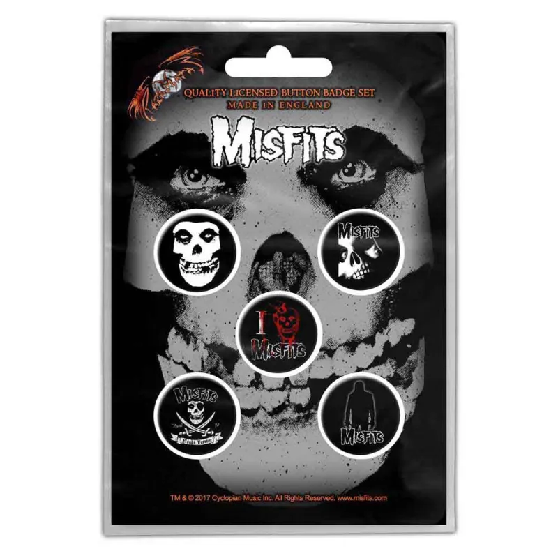 Misfits Jarek Skull 5 x Pin Button Badge Pack made by Paradiso Clothing