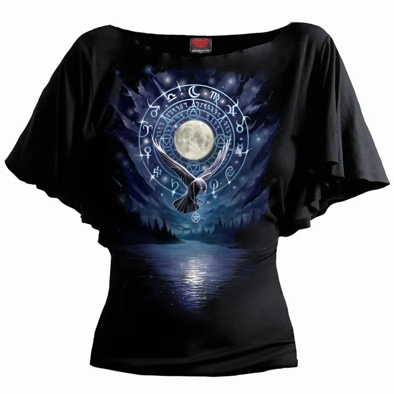 Spiral - WITCHCRAFT - Boat Neck Bat Sleeve Top Black made by Paradiso Clothing
