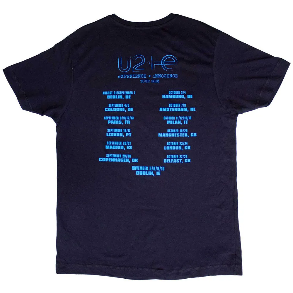 U2 Unisex T-Shirt: Logo E+I 2018 Tour Dates (Navy Blue) (Back Print & Ex-Tour) sold by Paradiso Clothing