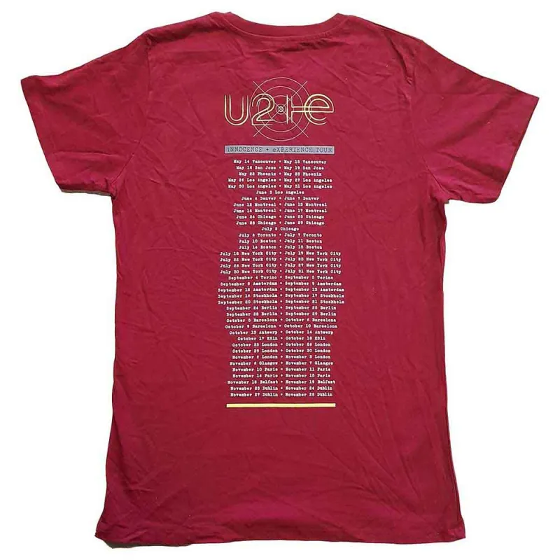 U2 Unisex T-Shirt: I+E 2015 Tour Dates (Maroon Red) (Back Print & Ex-Tour) made by Paradiso Clothing