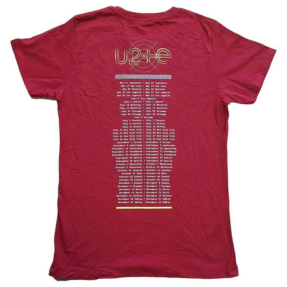 U2 Unisex T-Shirt: I+E 2015 Tour Dates (Maroon Red) (Back Print & Ex-Tour) sold by Paradiso Clothing
