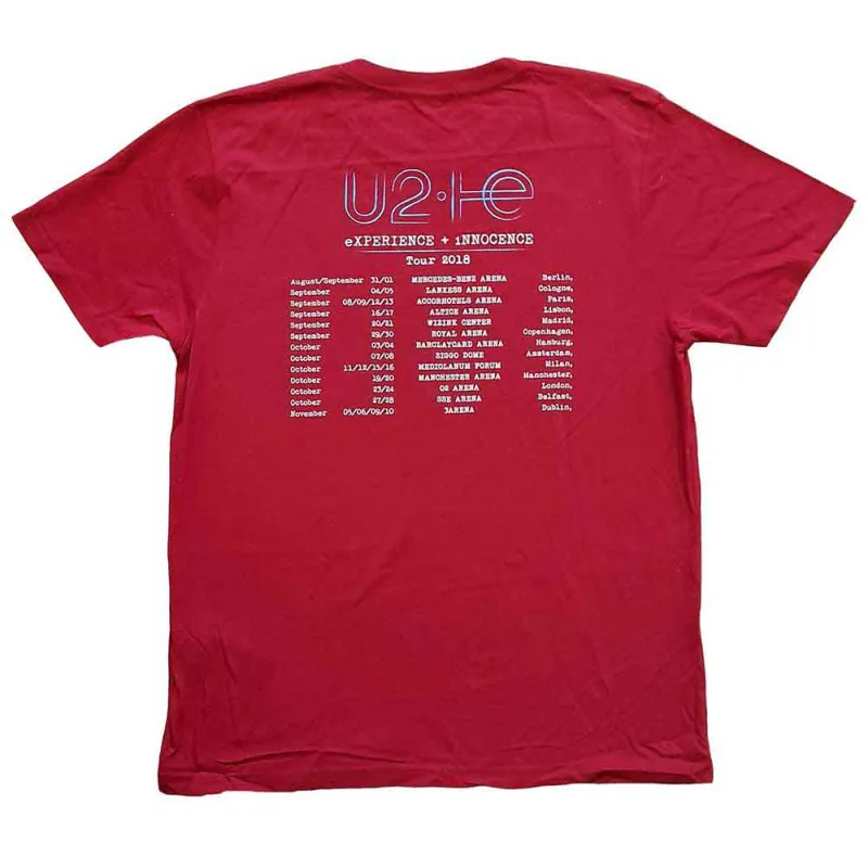 U2 Unisex T-Shirt: I+E 2018 Tour Dates (Maroon Red) (Back Print & Ex-Tour) made by Paradiso Clothing