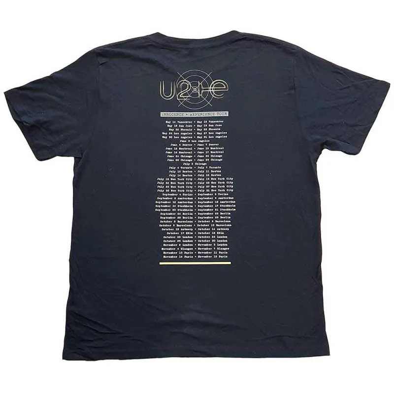 U2 Unisex T-Shirt: I+E 2015 Tour Dates (Navy Blue) (Back Print & Ex-Tour) made by Paradiso Clothing