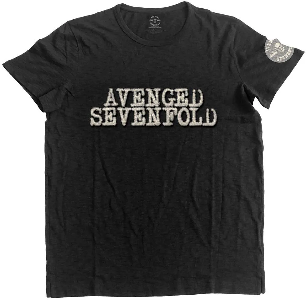 Avenged Sevenfold Unisex T-Shirt: Logo & Death Bat Applique (Black) (Embellished) sold by Paradiso Clothing