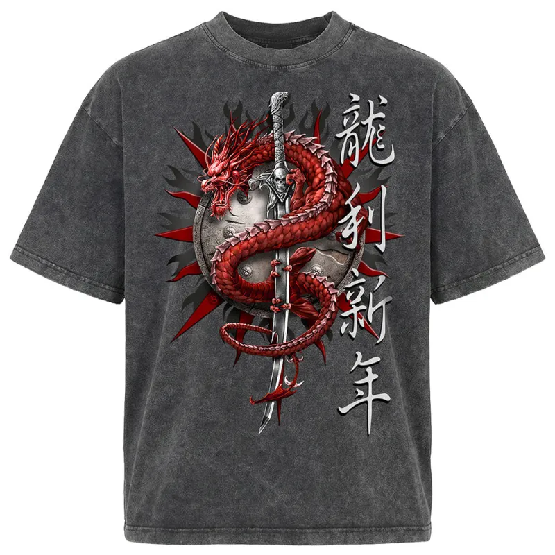 Spiral - ORIENTAL DRAGON - Box T-Shirt Acid Wash Charcoal made by Paradiso Clothing