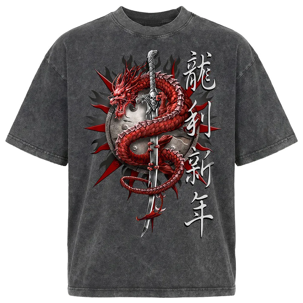 Spiral - ORIENTAL DRAGON - Box T-Shirt Acid Wash Charcoal sold by Paradiso Clothing