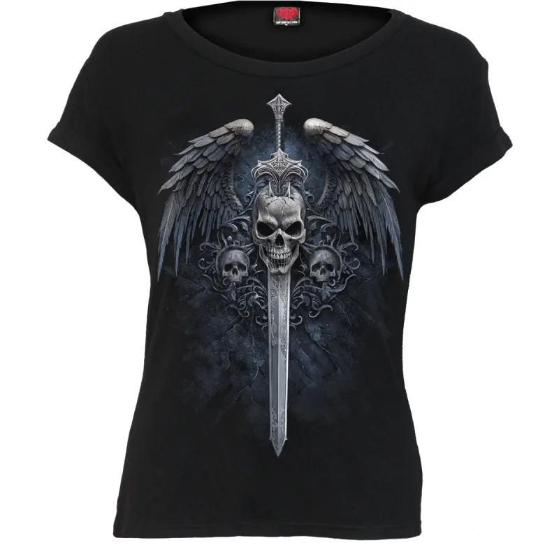 Spiral - ANGEL SWORD - Boatneck Cap Sleeve Top Black made by Paradiso Clothing