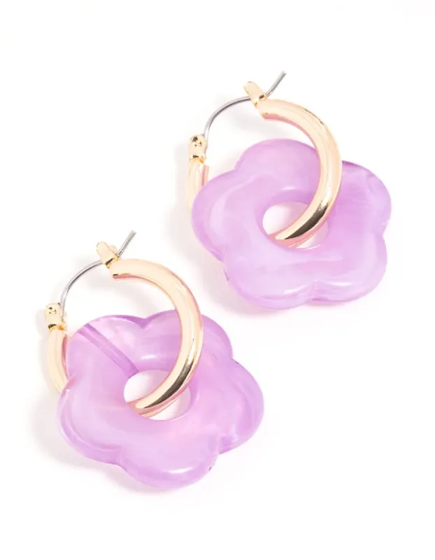 Gold Purple Acrylic Flower Hoop Earrings sold by Beverly Center
