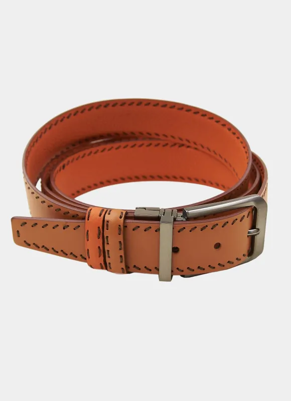 Cognac/Orange Edge Stitched Reversible Belt sold by Hammer Made