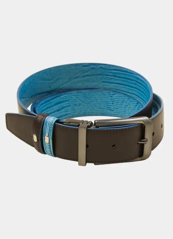 Aqua Embossed/Brown Reversible Belt sold by Hammer Made