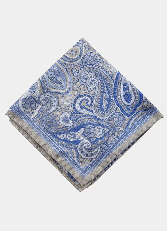 Tan/Blue Paisley Printed Reversible Silk Pocket Square made by Hammer Made