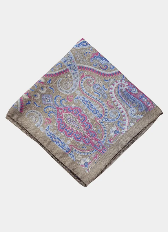 Tan/Pink Paisley Printed Reversible Silk Pocket Square made by Hammer Made