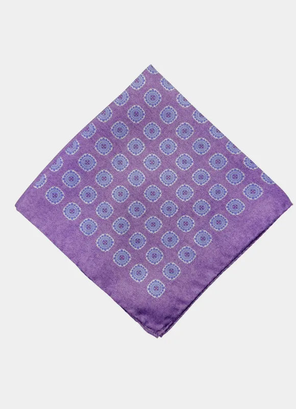 Purple/Blue Medallion Printed Reversible Silk Pocket Square made by Hammer Made