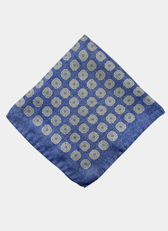 Blue/Olive Medallion Printed Reversible Silk Pocket Square made by Hammer Made