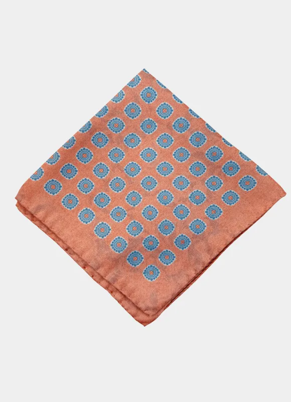 Orange/Blue Medallion Printed Reversible Silk Pocket Square made by Hammer Made
