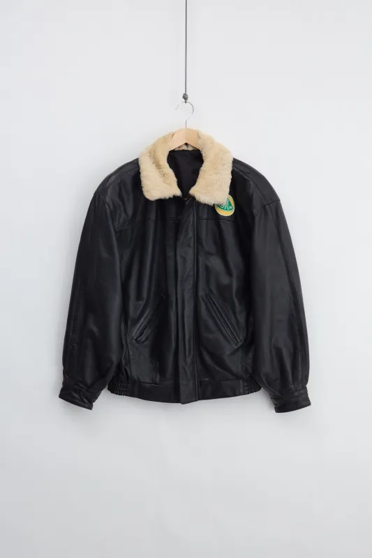 Black Leather Bomber Jacket (M) made by Vintage