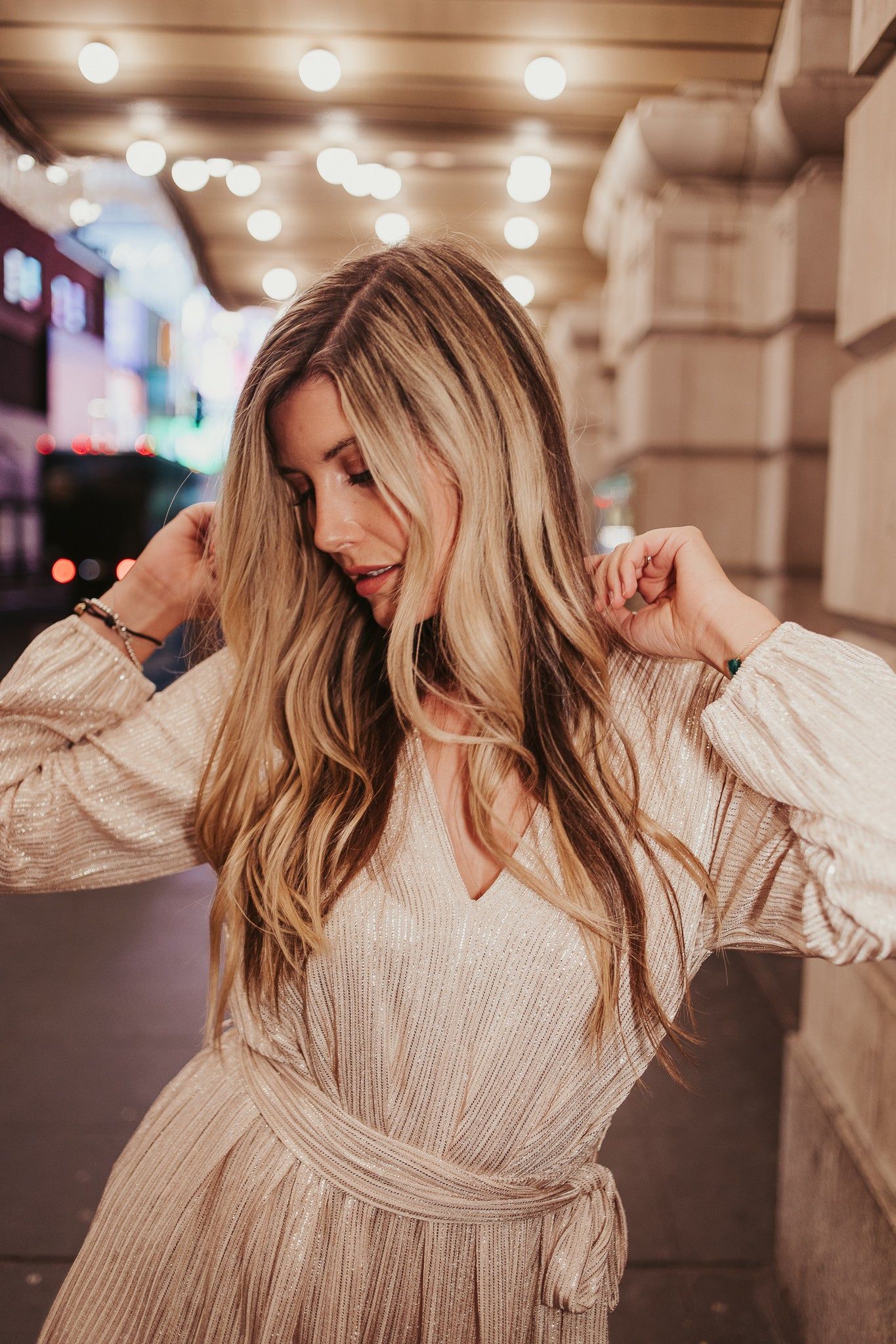 Champagne Shimmer Sash Belt Dress sold by Finding July