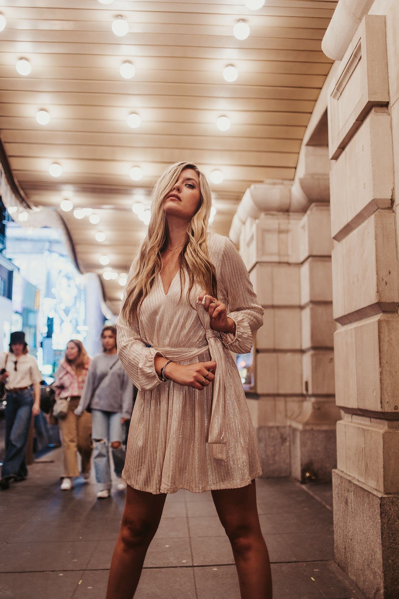 Champagne Shimmer Sash Belt Dress sold by Finding July product image thumbnail 3