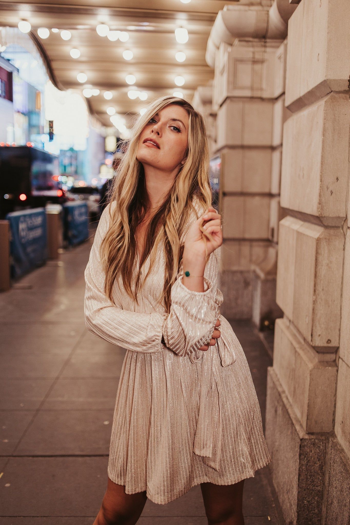 Champagne Shimmer Sash Belt Dress sold by Finding July product image thumbnail 2