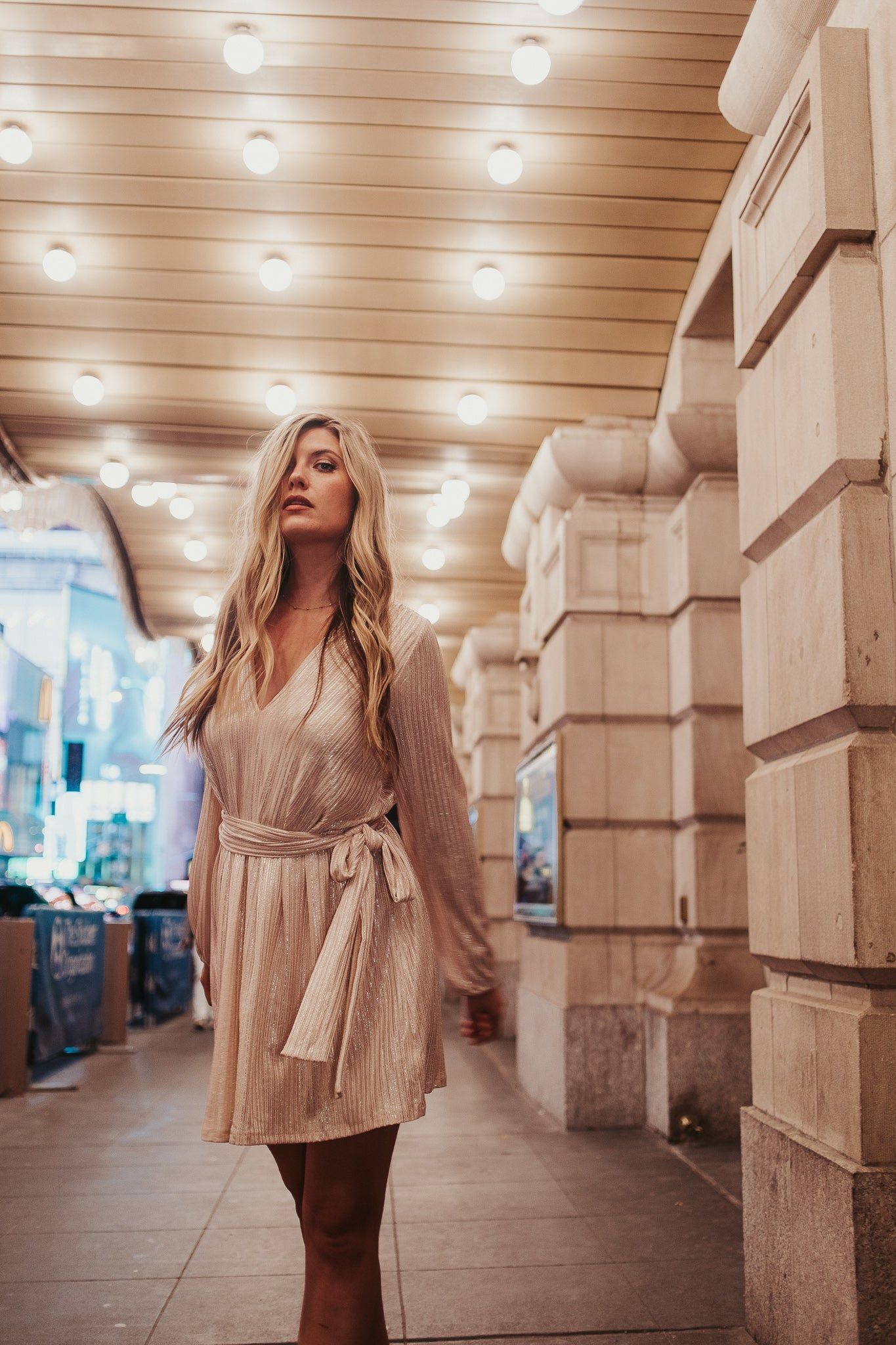 Champagne Shimmer Sash Belt Dress sold by Finding July product image thumbnail 4