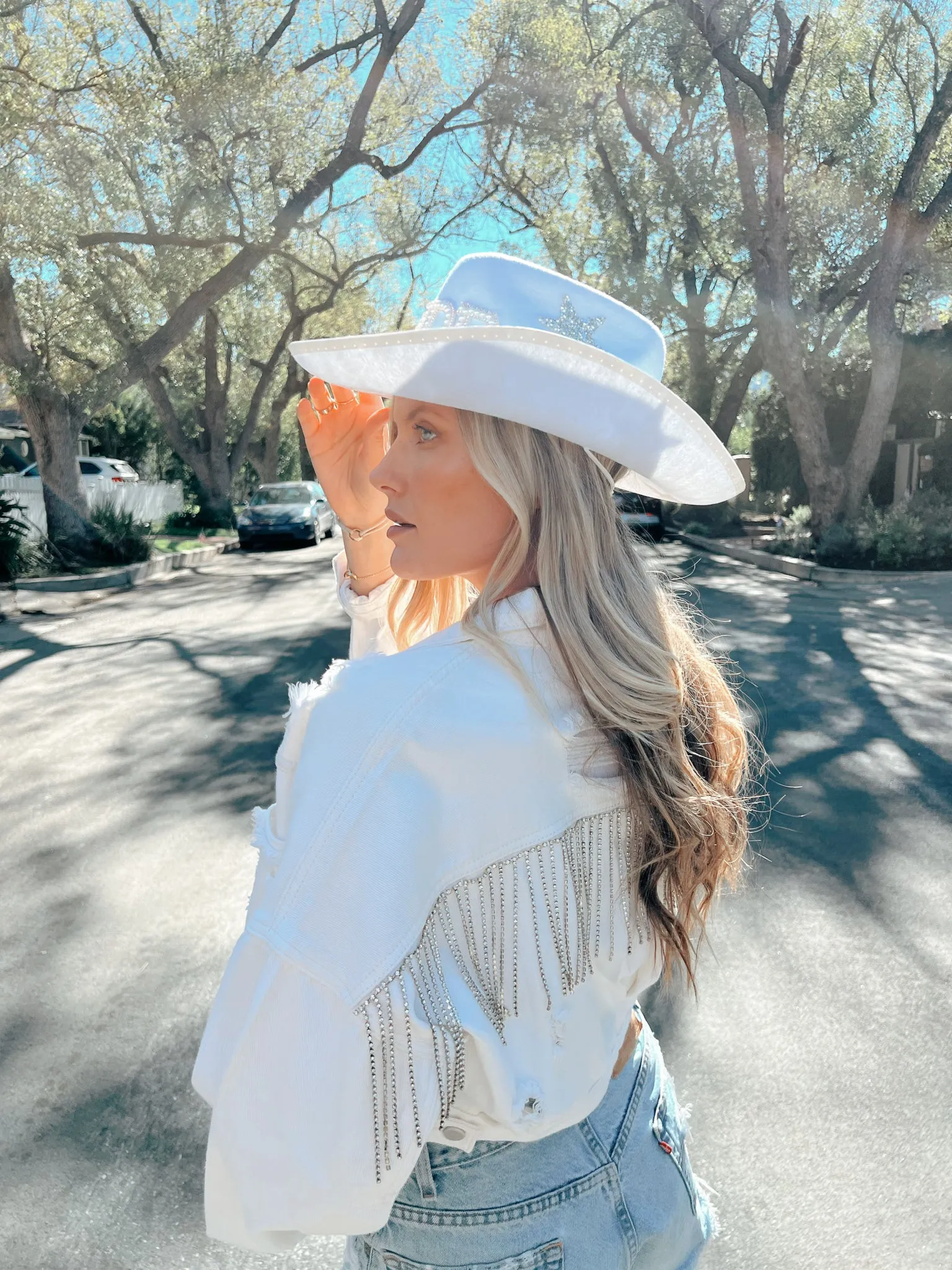 Rodeo Glam Denim Jacket - White sold by Finding July