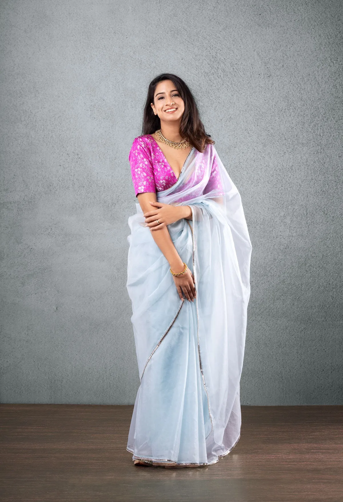 Pink Brocade Blouse with Light Blue Saree sold by Dri by Himadri product image thumbnail 2