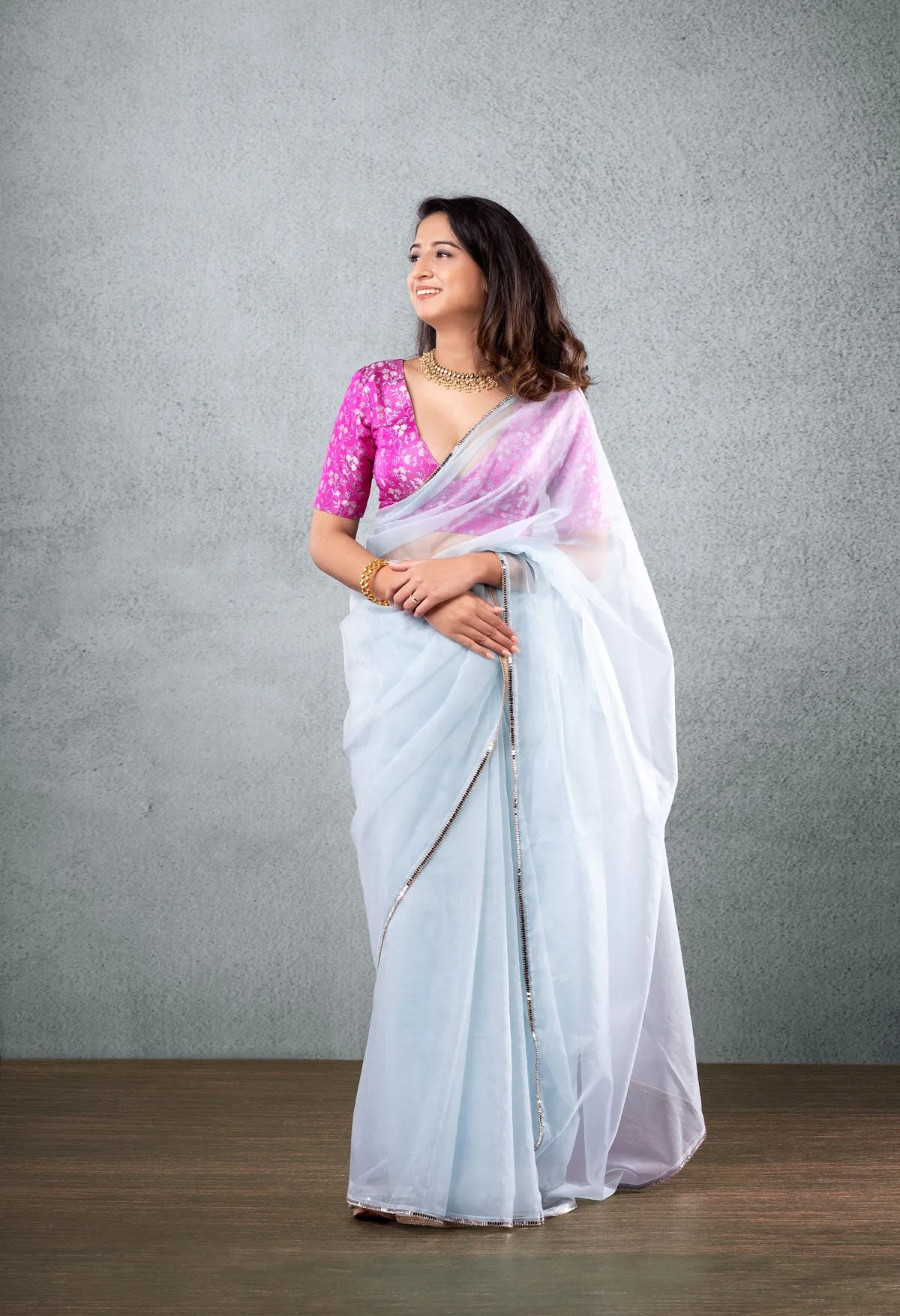 Pink Brocade Blouse with Light Blue Saree sold by Dri by Himadri