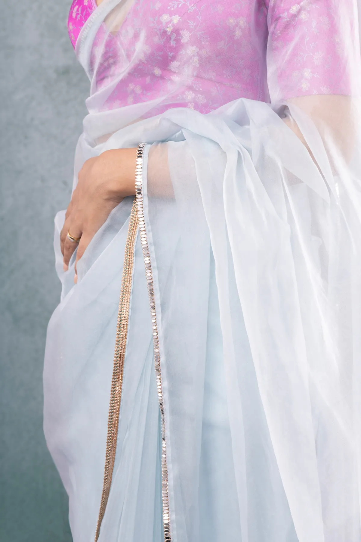 Pink Brocade Blouse with Light Blue Saree sold by Dri by Himadri product image thumbnail 4