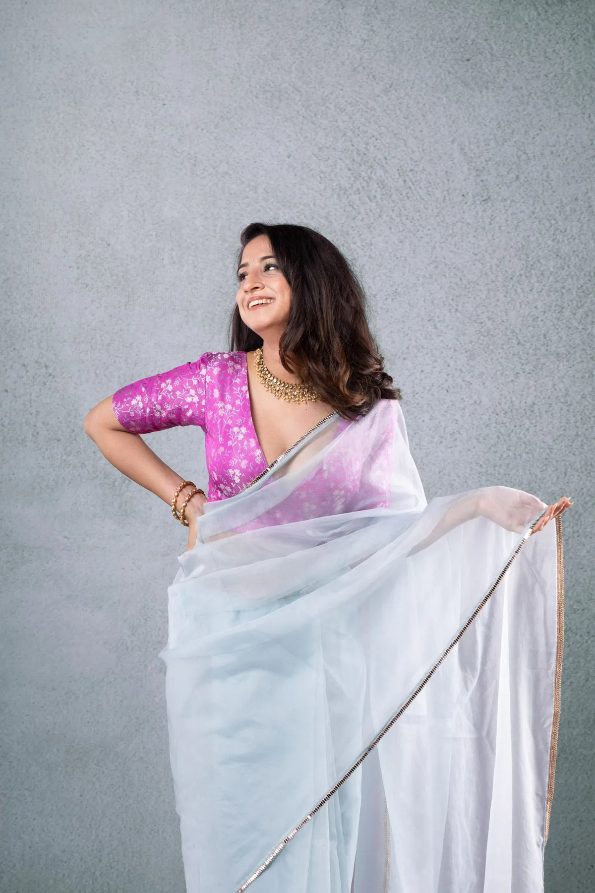 Pink Brocade Blouse with Light Blue Saree sold by Dri by Himadri product image thumbnail 3