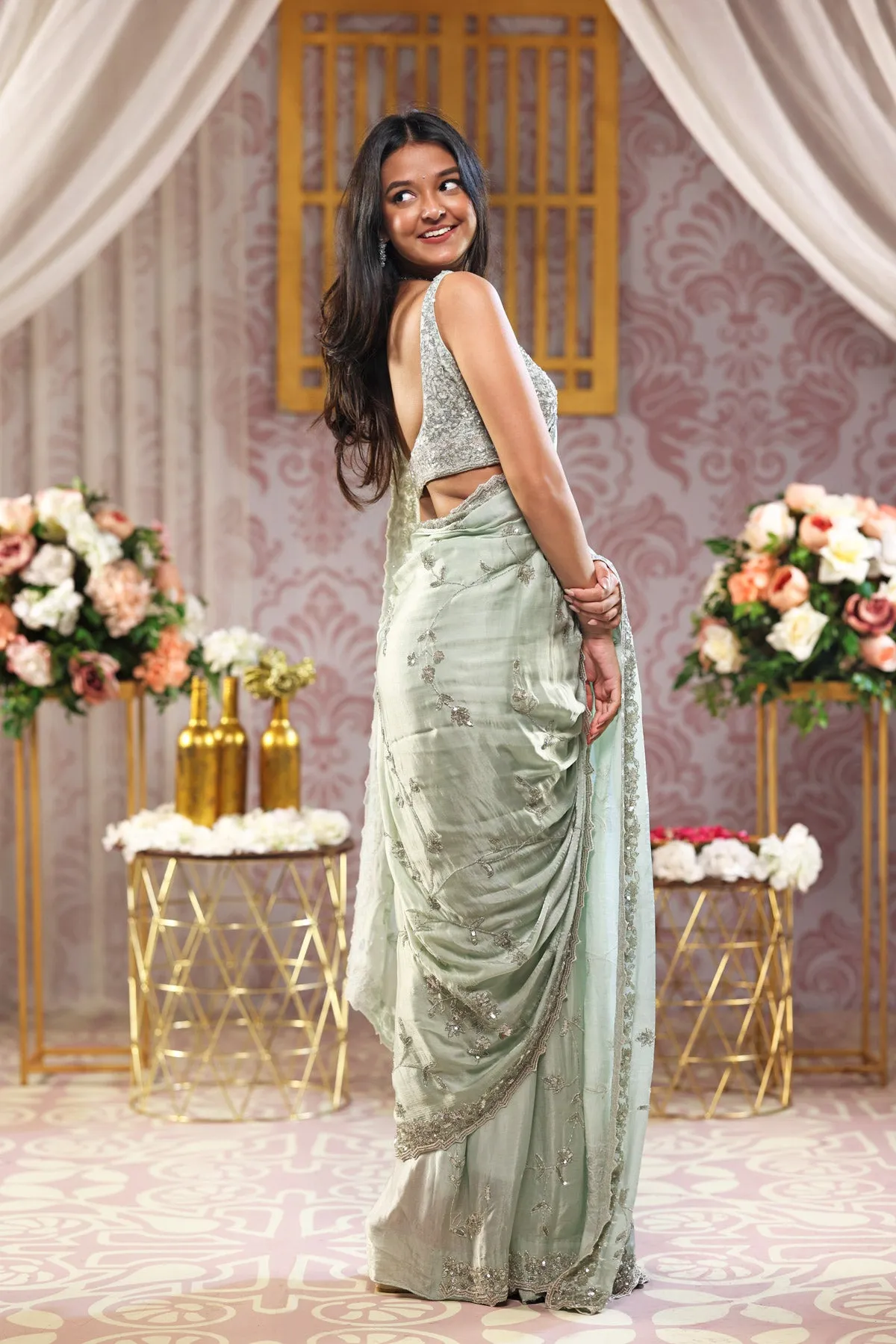 Light Green Saree with Unstitched Blouse (Made on Order) sold by Dri by Himadri product image thumbnail 3