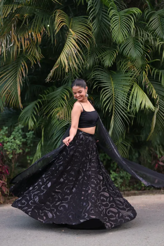 Black Sequin Lehenga (3-piece Set) With customisable blouse sold by Dri by Himadri