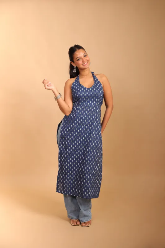 Dark Blue Halter Neck Long Kurti sold by Dri by Himadri