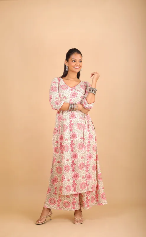 Printed Off-White Cotton Angrakha Kurta Set sold by Dri by Himadri