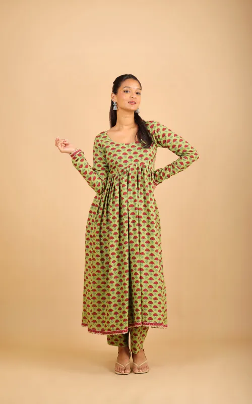 Parrot Green Nyra-Cut Cotton Kurta Set sold by Dri by Himadri