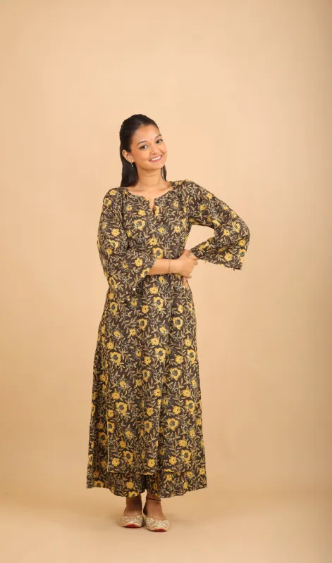 Black Printed Cotton Kurta Set with Bell Sleeves sold by Dri by Himadri