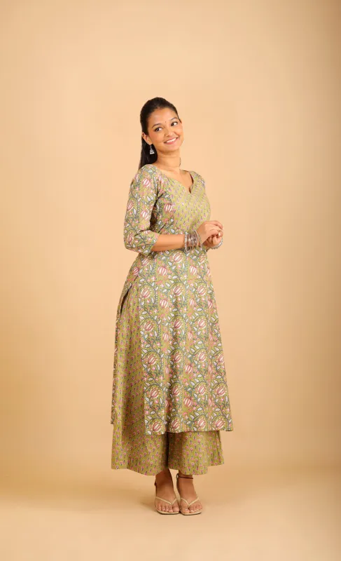 Sage Green Cotton Kurta Set with Patchwork sold by Dri by Himadri