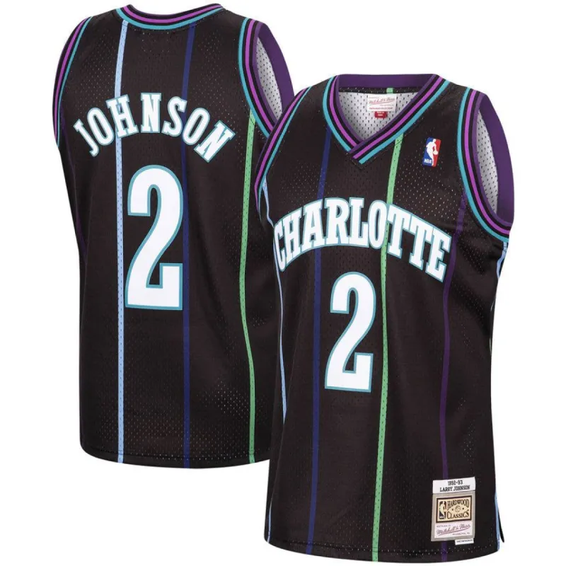 Men's Charlotte Hornets Larry Johnson Mitchell & Ness 1992-93 Hardwood Classics Reload 2.0 Swingman Jersey-Black sold by The Bright Side