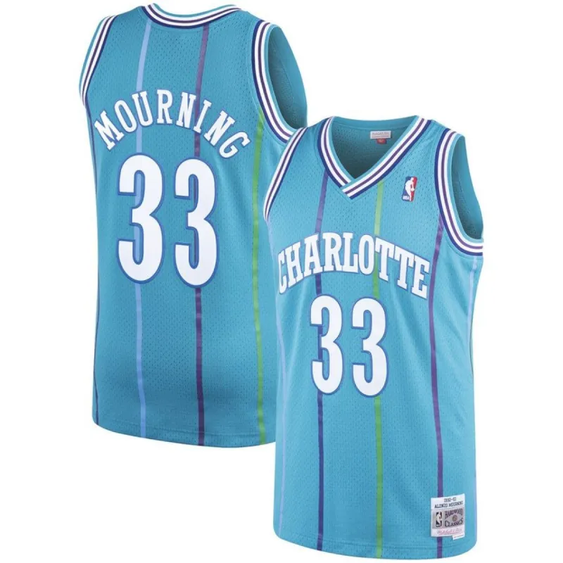 Mens Alonzo Mourning Charlotte Hornets 1992-93 Swingman Replica Jersey By Mitchell & Ness sold by The Bright Side