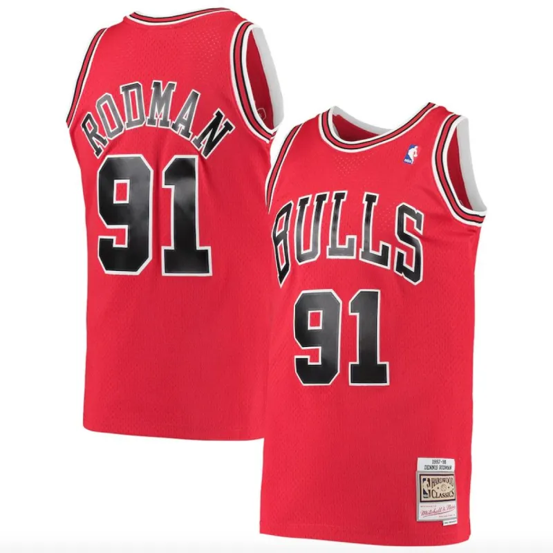 Men's Chicago Bulls Dennis Rodman Mitchell & Ness Red 1997-98 Hardwood Classics Swingman Jersey sold by The Bright Side
