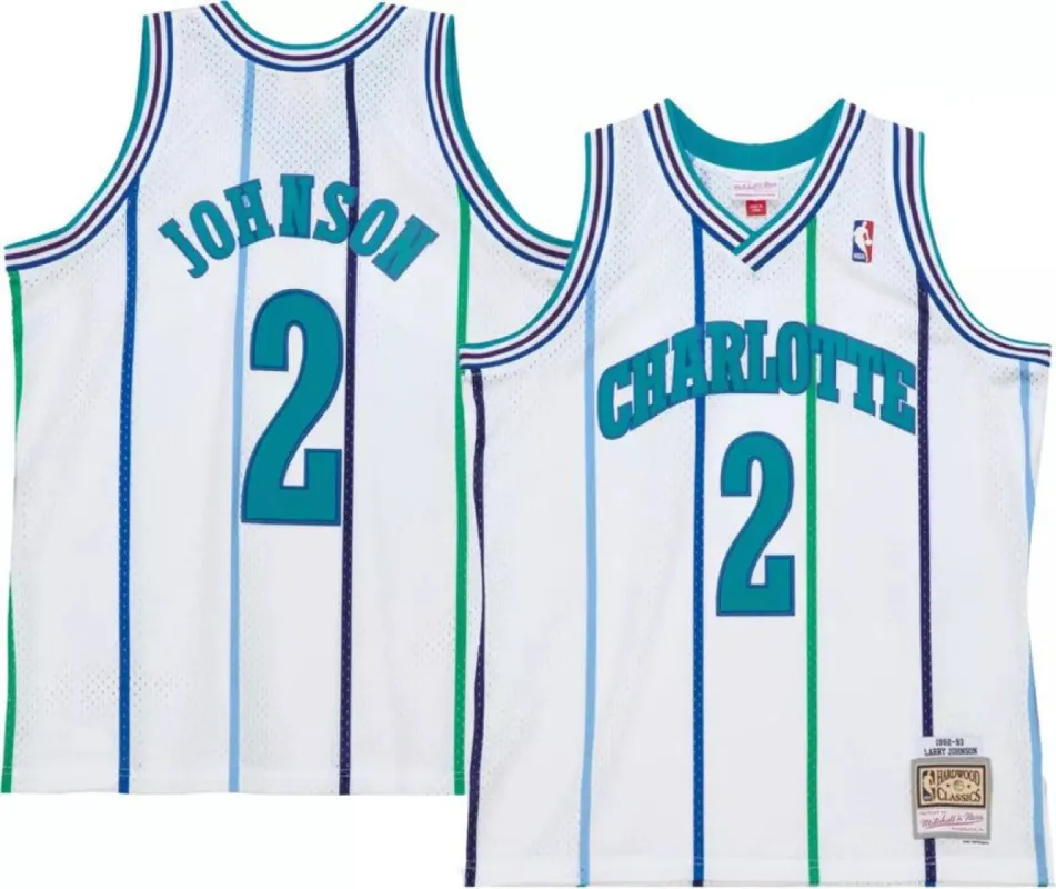 Men's Mitchell & Ness Larry Johnson Charlotte Hornets White 1992-93 Hardwood Classics Swingman Jersey sold by The Bright Side
