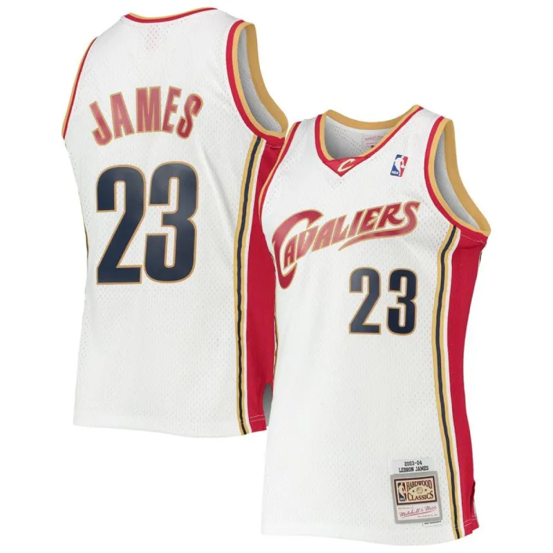 Men's Mitchell & Ness LeBron James White Cleveland Cavaliers 2003-04 Hardwood Classics Swingman Jersey sold by The Bright Side