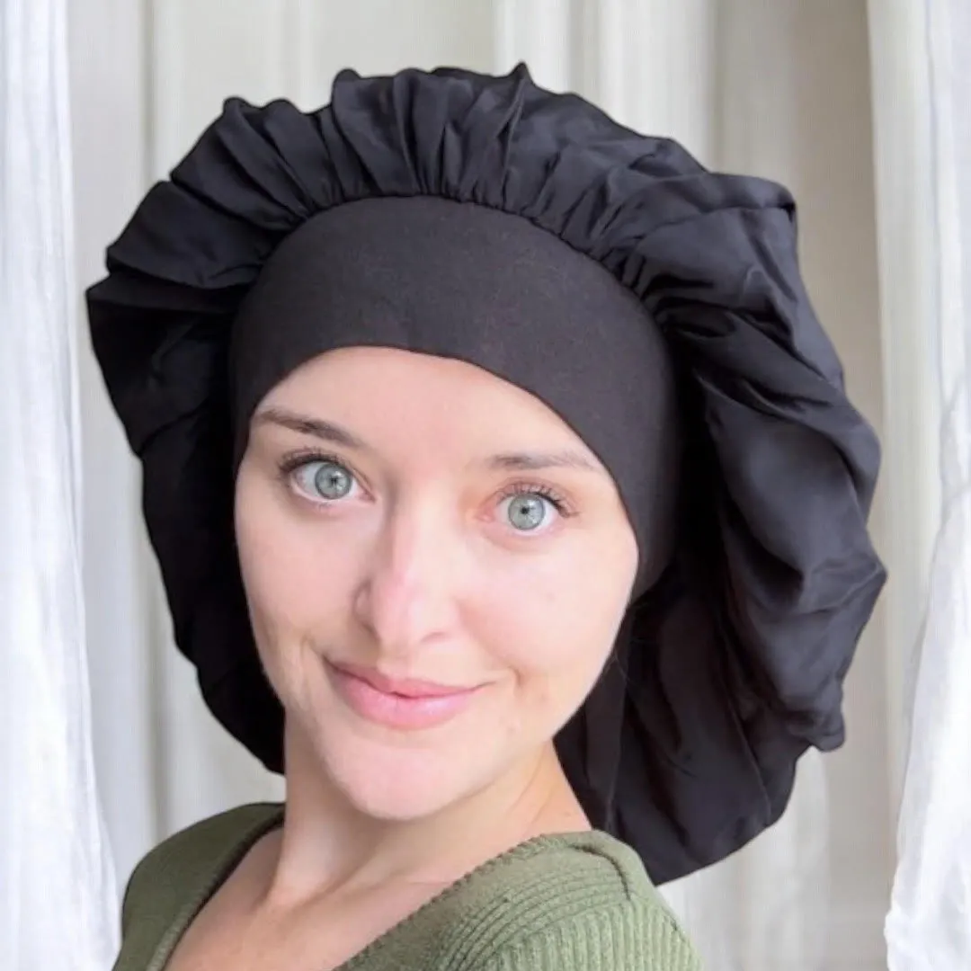 Onyx Black Silk Tie Sleep Bonnet - 100% Mulberry Silk - Blush Silks Canada sold by Blush Silks