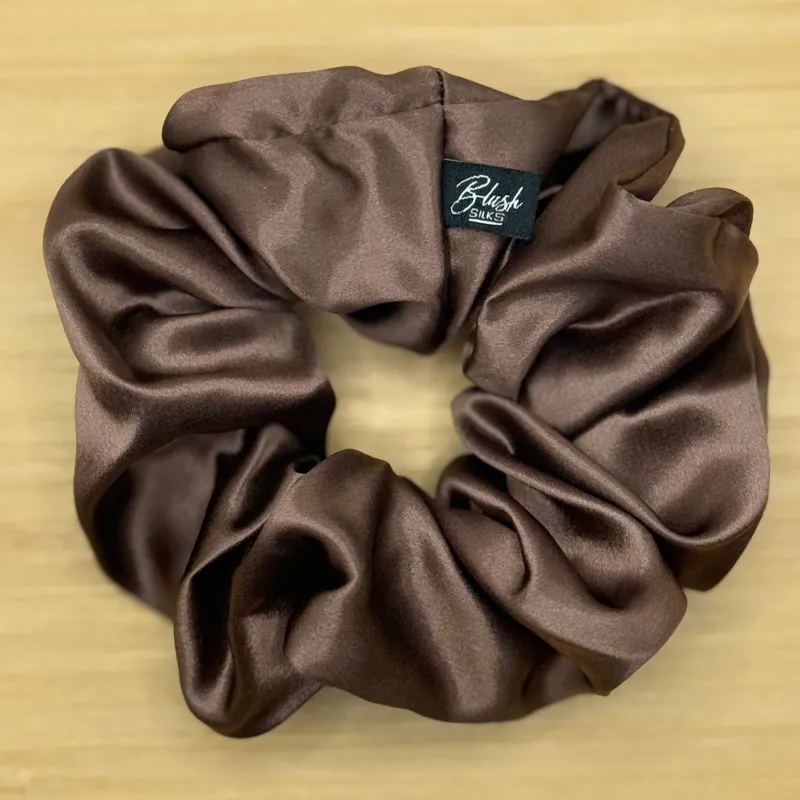 Chocolate Brown Mulberry Silk Scrunchie – 100% Grade 6A 22 Momme Silk | Blush Silks made by Blush Silks